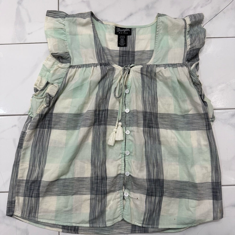Wrangler‎ Retro Plaid Blouse with Ruffle Sleeves - Size M